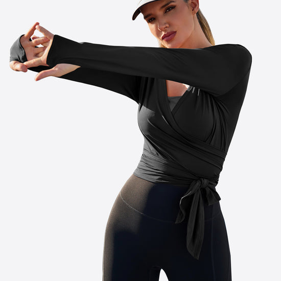 Fisoew Women‘s Black Wrap Tie Tops Long Sleeve Workout Shirts - Fisoew