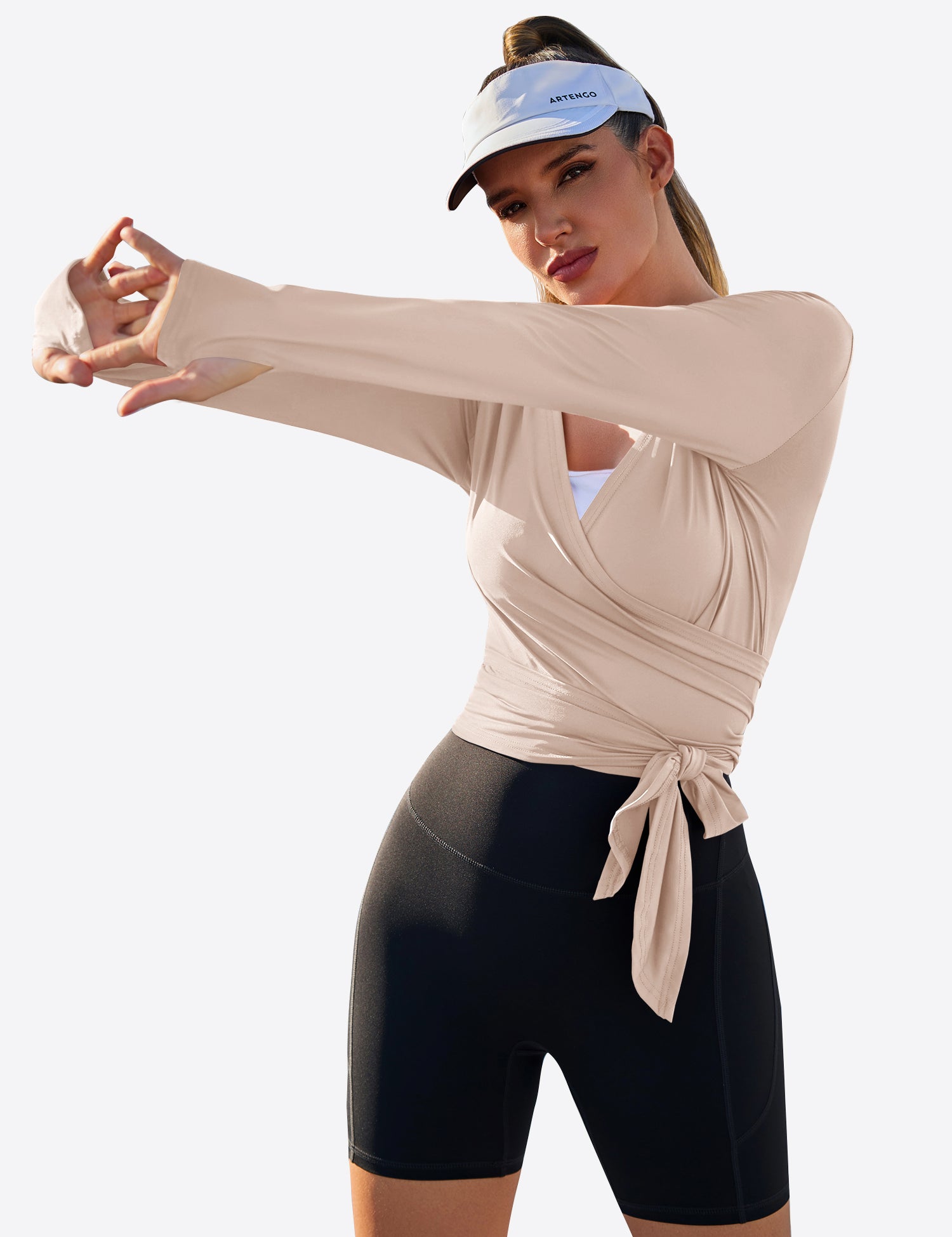 Fisoew Women‘s Light Khaki Wrap Tie Tops Long Sleeve Workout Shirts - Fisoew