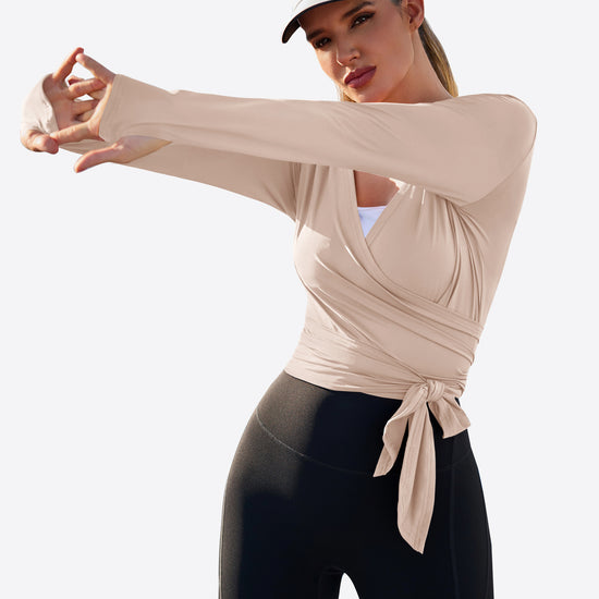 Fisoew Women‘s Light Khaki Wrap Tie Tops Long Sleeve Workout Shirts - Fisoew