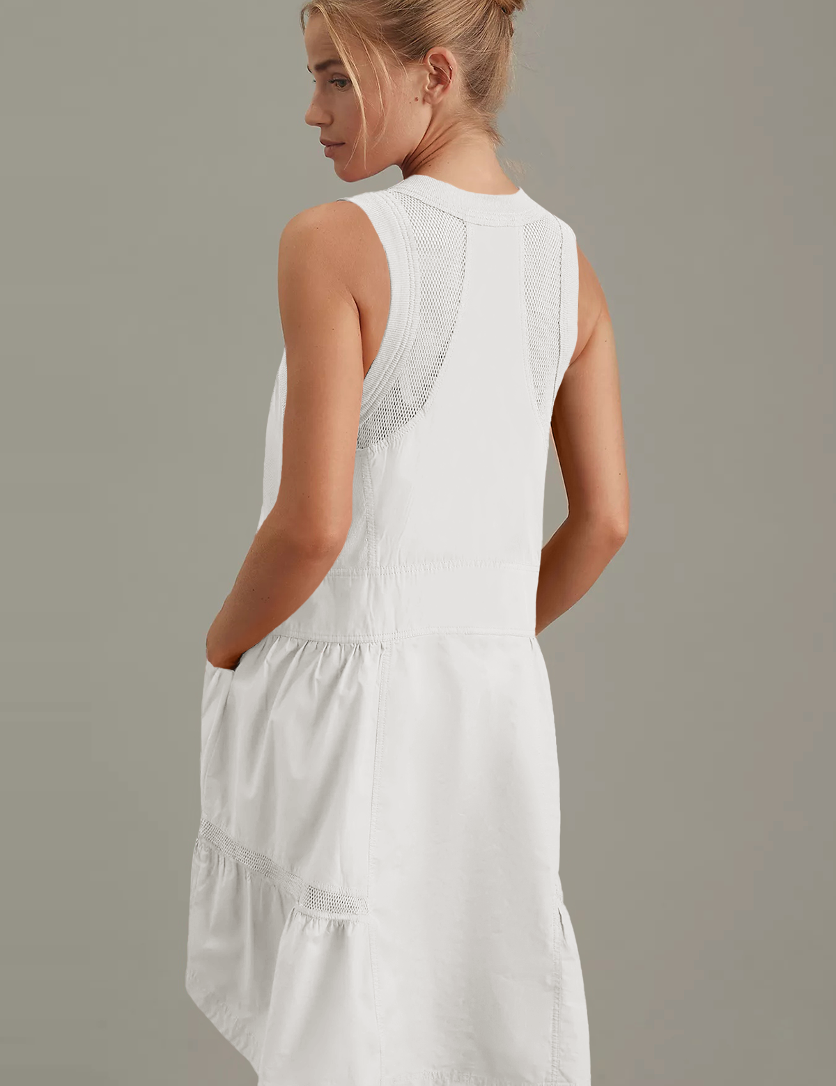 Fisoew Women's White Sleeveless Mesh Back Utility Mini Dress - Fisoew