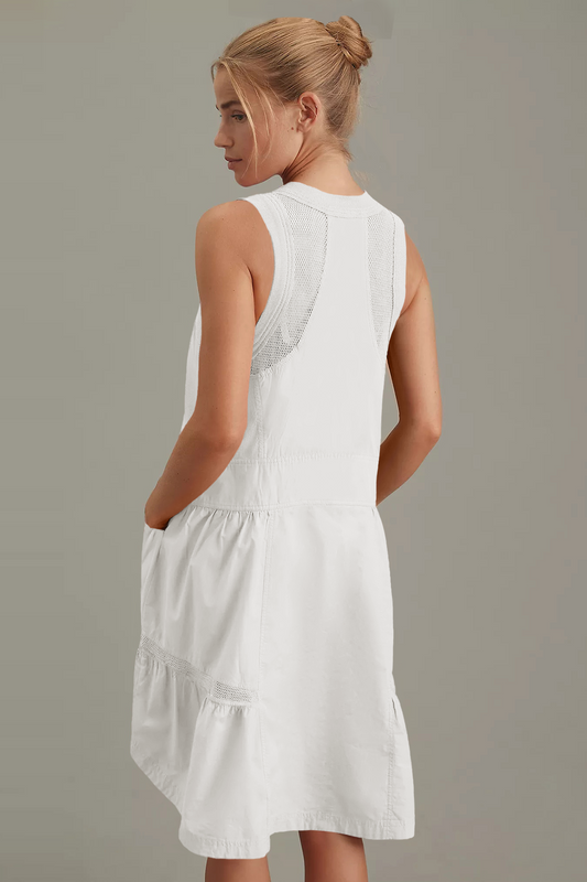 Fisoew Women's White Sleeveless Mesh Back Utility Mini Dress - Fisoew