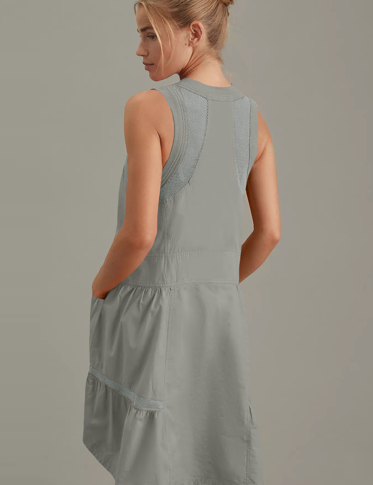 Fisoew Women's Grey Sleeveless Mesh Back Utility Mini Dress - Fisoew