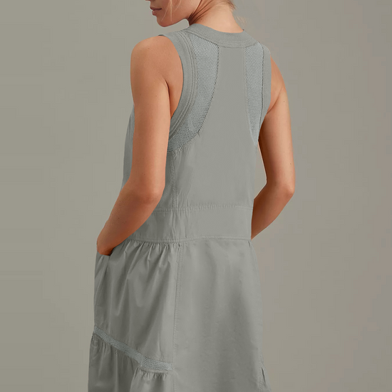 Fisoew Women's Grey Sleeveless Mesh Back Utility Mini Dress - Fisoew