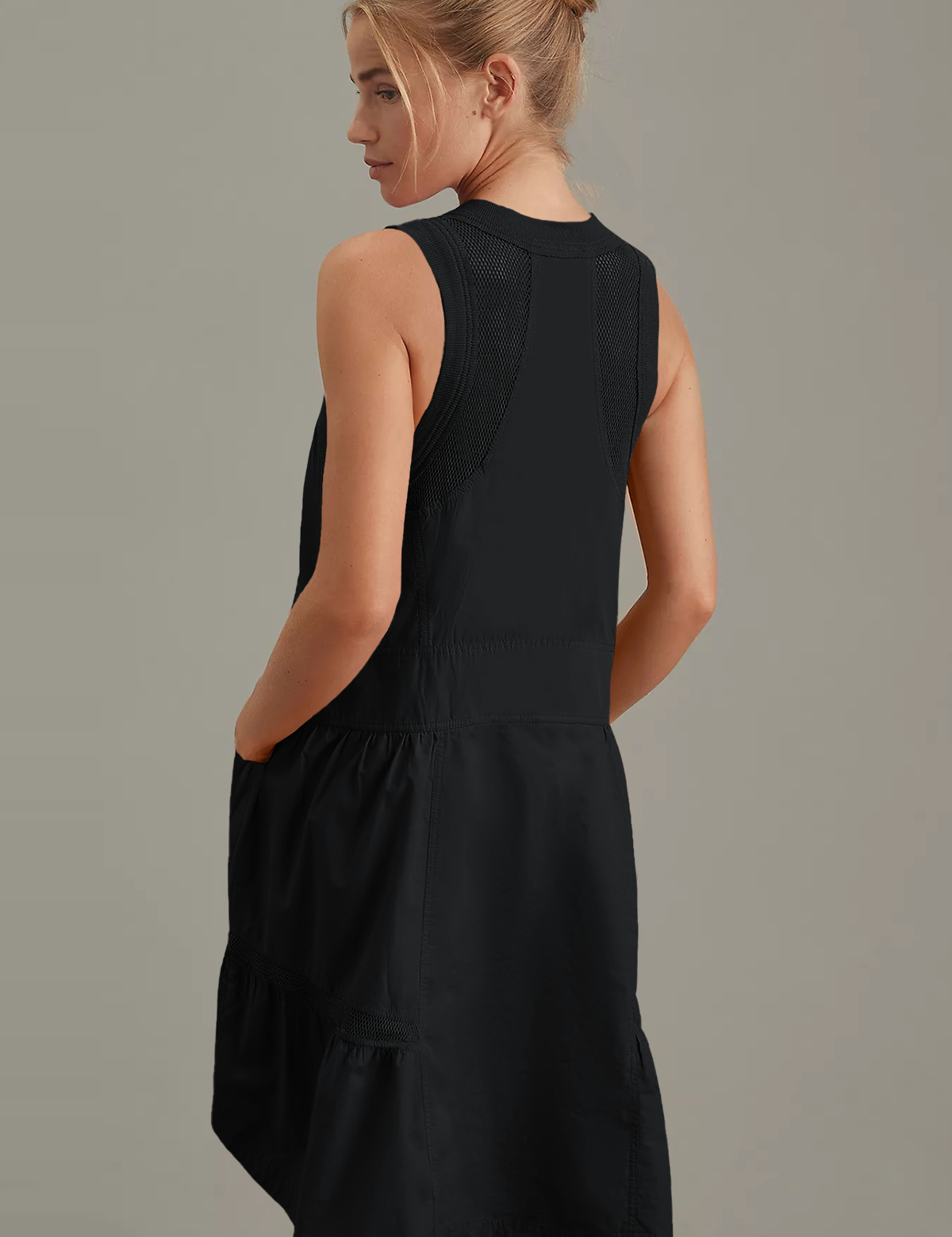 Fisoew Women's Black Sleeveless Mesh Back Utility Mini Dress - Fisoew