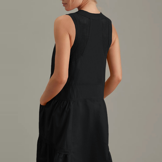 Fisoew Women's Black Sleeveless Mesh Back Utility Mini Dress - Fisoew
