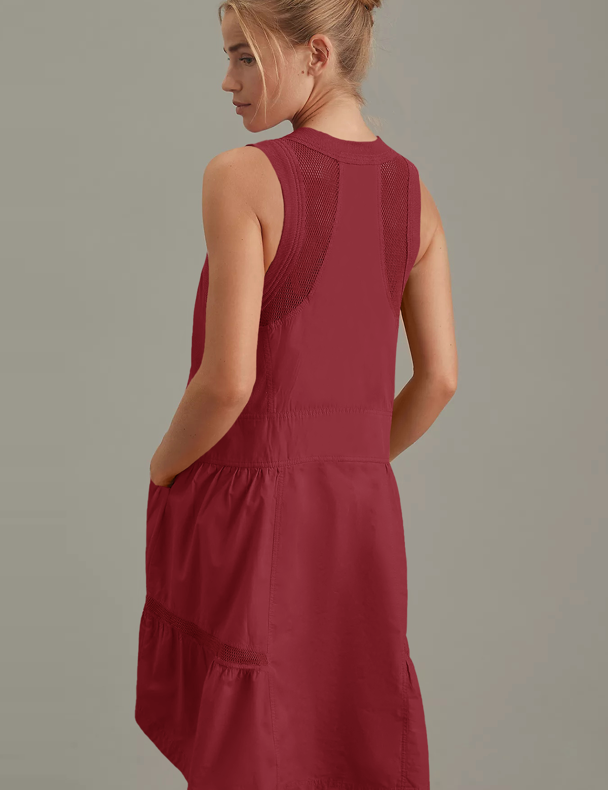 Fisoew Women's Burgundy Sleeveless Mesh Back Utility Mini Dress - Fisoew