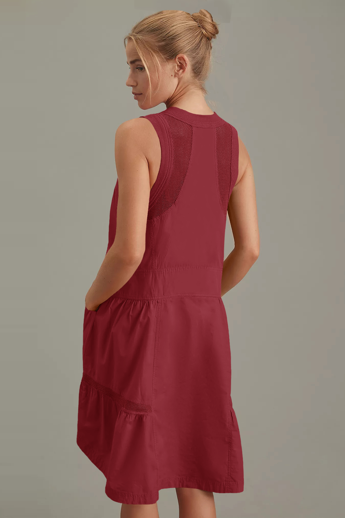 Fisoew Women's Burgundy Sleeveless Mesh Back Utility Mini Dress - Fisoew