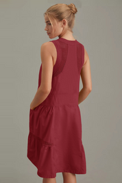 Fisoew Women's Burgundy Sleeveless Mesh Back Utility Mini Dress - Fisoew