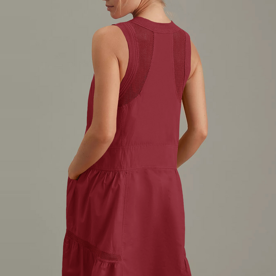 Fisoew Women's Burgundy Sleeveless Mesh Back Utility Mini Dress - Fisoew