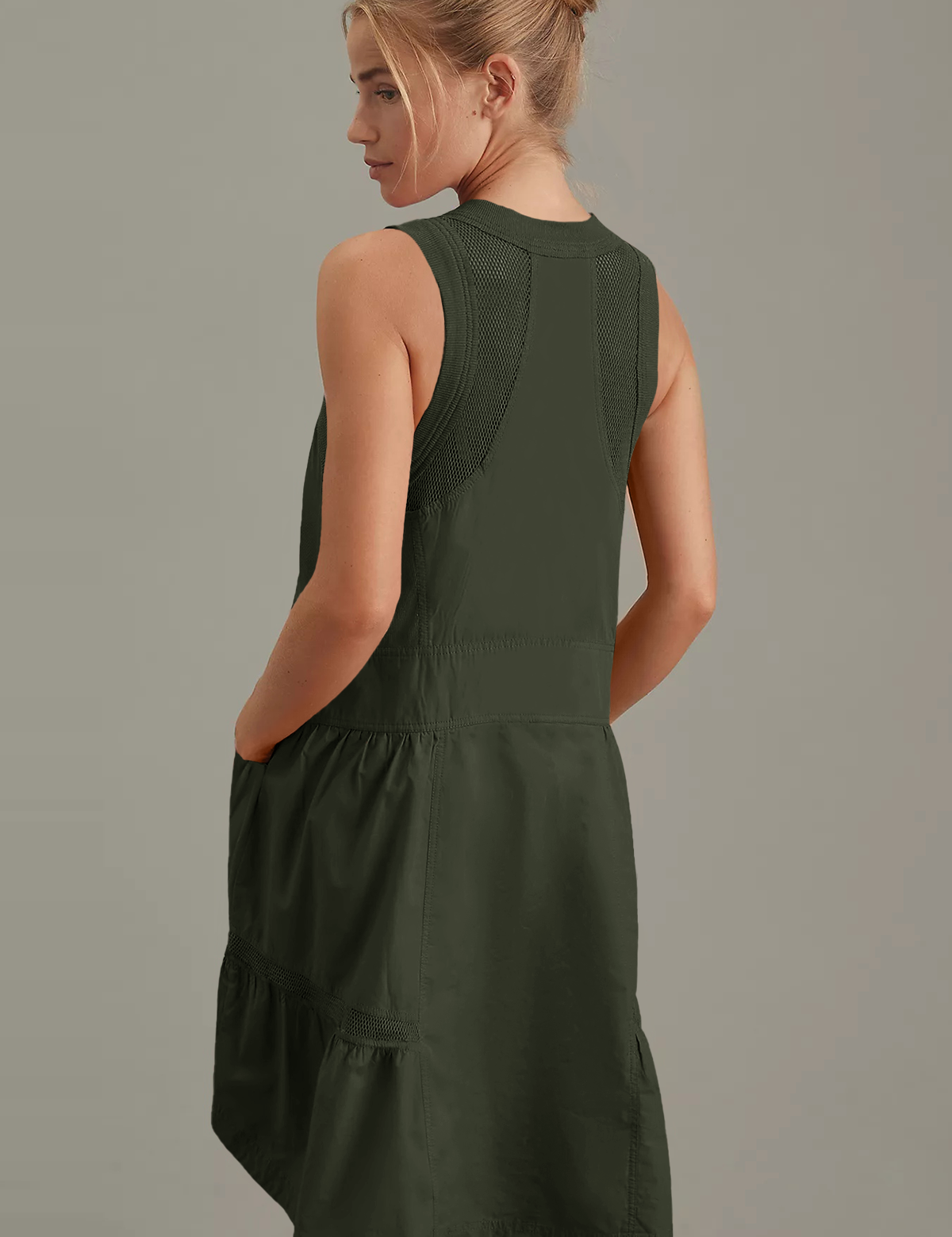 Fisoew Women's Army Green Sleeveless Mesh Back Utility Mini Dress - Fisoew