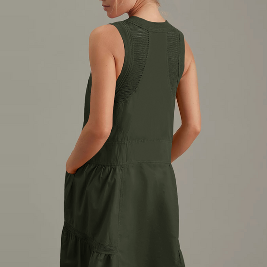Fisoew Women's Army Green Sleeveless Mesh Back Utility Mini Dress - Fisoew