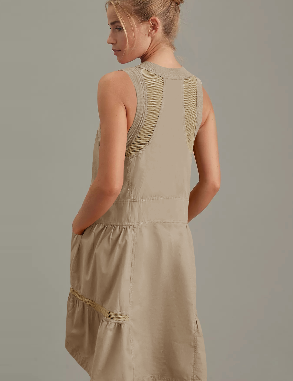 Fisoew Women's Khaki Sleeveless Mesh Back Utility Mini Dress - Fisoew