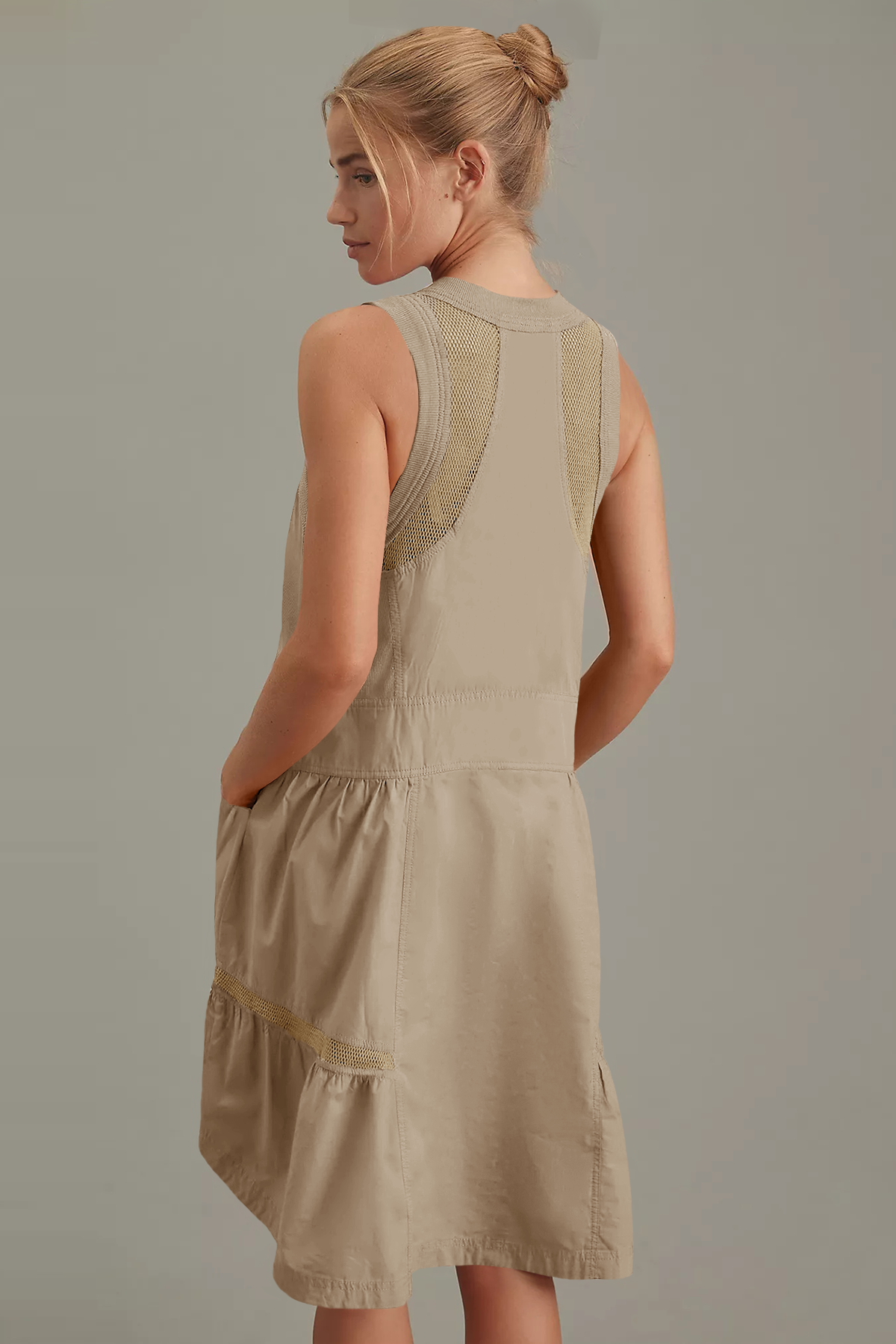 Fisoew Women's Khaki Sleeveless Mesh Back Utility Mini Dress - Fisoew