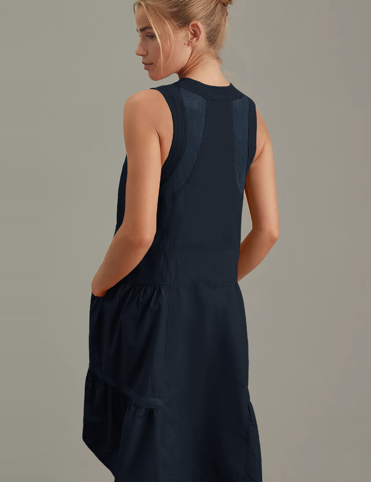 Fisoew Women's Dark Blue Sleeveless Mesh Back Utility Mini Dress - Fisoew