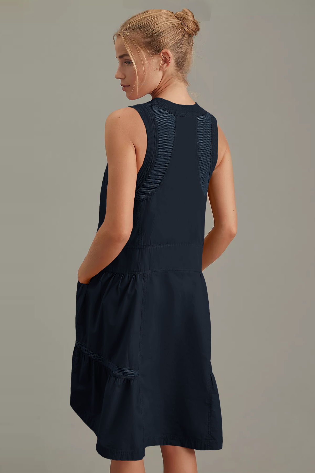 Fisoew Women's Dark Blue Sleeveless Mesh Back Utility Mini Dress - Fisoew