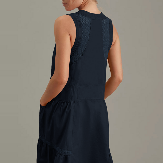 Fisoew Women's Dark Blue Sleeveless Mesh Back Utility Mini Dress - Fisoew