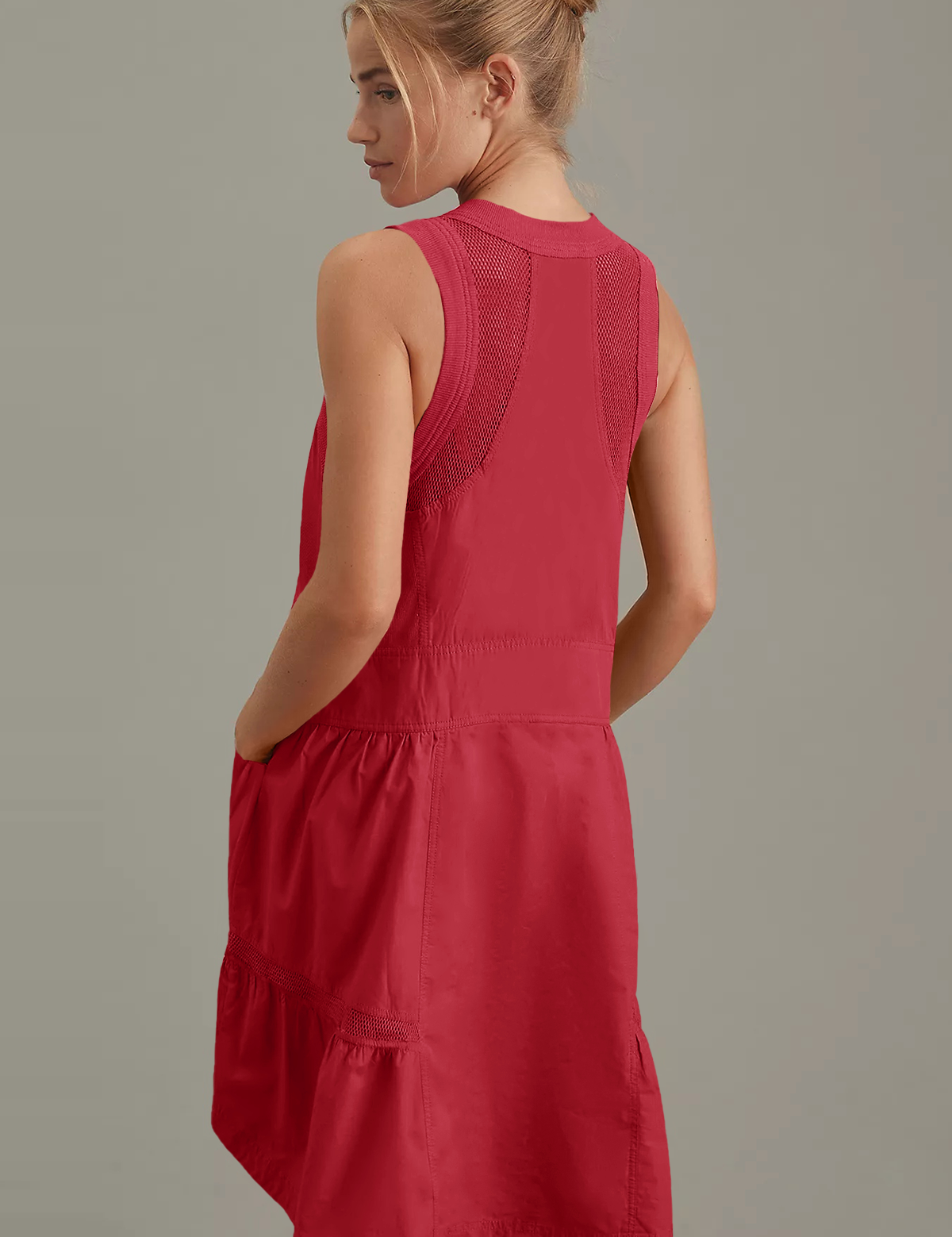 Fisoew Women's Red Sleeveless Mesh Back Utility Mini Dress - Fisoew
