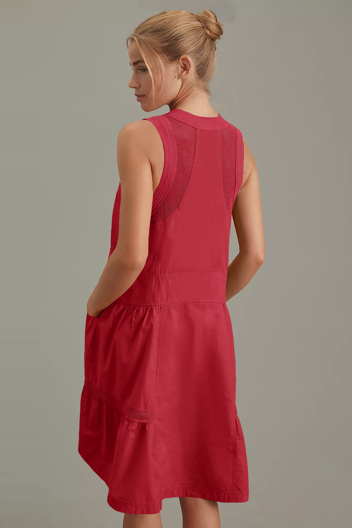 Fisoew Women's Red Sleeveless Mesh Back Utility Mini Dress - Fisoew