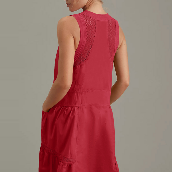 Fisoew Women's Red Sleeveless Mesh Back Utility Mini Dress - Fisoew