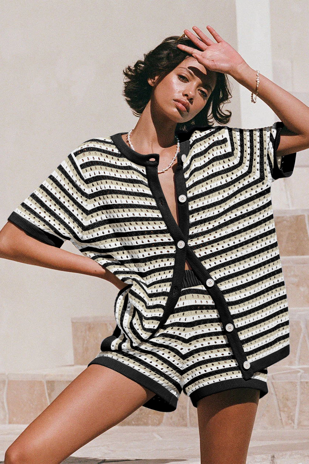 Fisoew Women's Dark Khaki Crochet Striped Knit Swimsuit 2-Piece Set