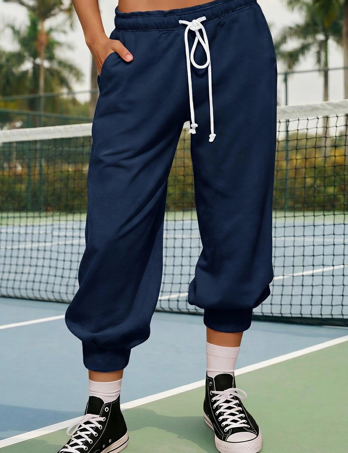 Fisoew Women's  Navy Capri Joggers Trendy Drawstring Waist Sweatpants - Fisoew