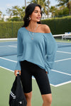 Fisoew Women's Blue Off The Shoulder Y2k Sweatshirts - Fisoew
