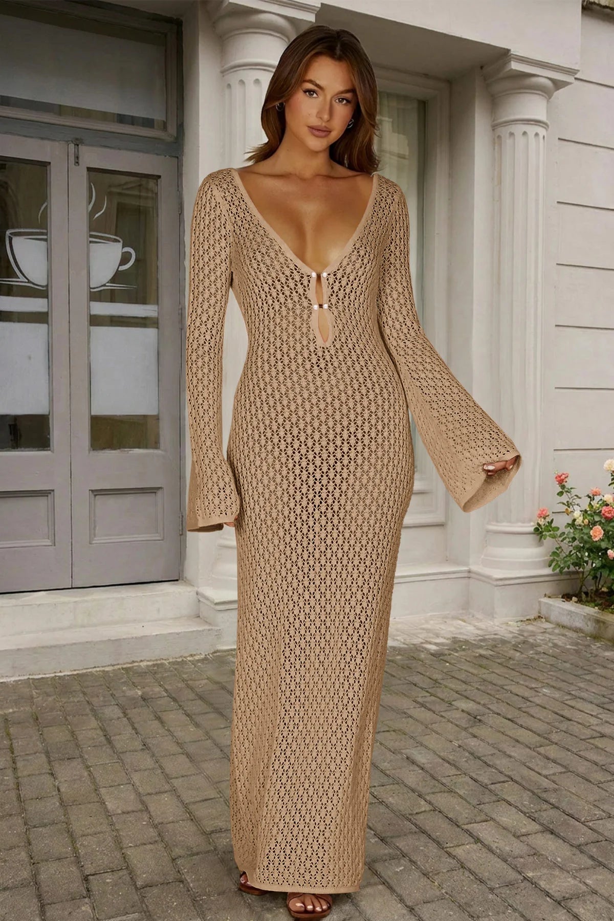 Fisoew Women's Khaki Long Sleeve Sexy Bodycon Summer Knit Dresses