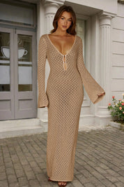 Fisoew Women's Khaki Long Sleeve Sexy Bodycon Summer Knit Dresses