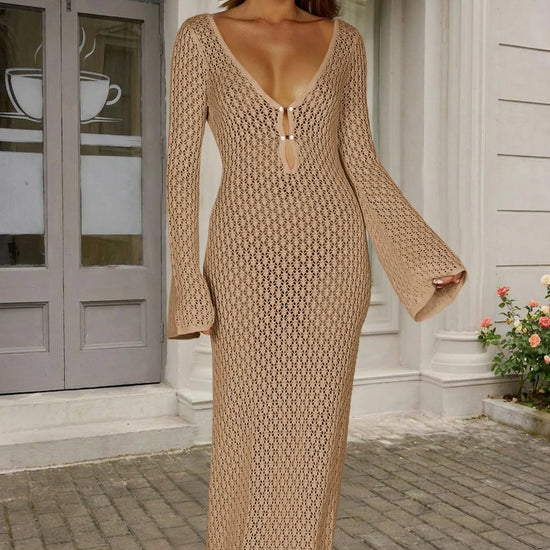 Fisoew Women's Khaki Long Sleeve Sexy Bodycon Summer Knit Dresses - Fisoew