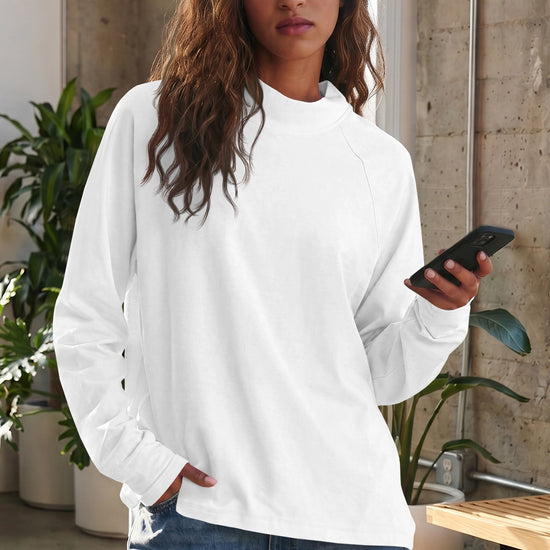 Mock Neck Solid Long Sleeve Tops - Fisoew