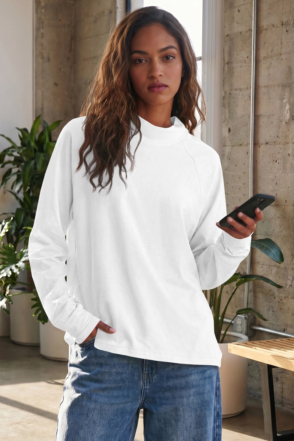Mock Neck Solid Long Sleeve Tops - Fisoew