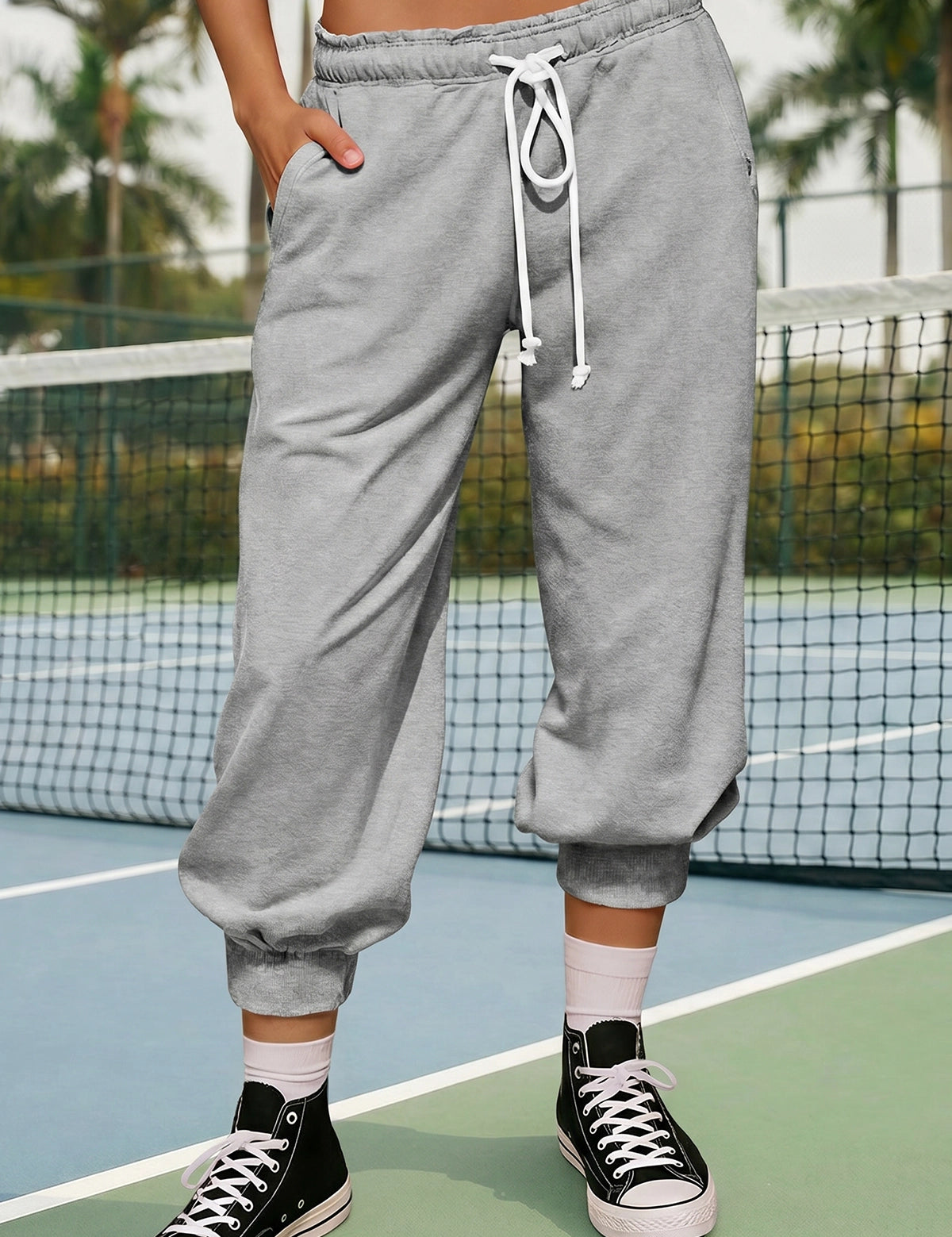 Fisoew Women's Grey Capri Joggers Trendy Drawstring Waist Sweatpants - Fisoew