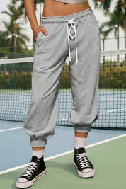 Fisoew Women's Grey Capri Joggers Trendy Drawstring Waist Sweatpants - Fisoew