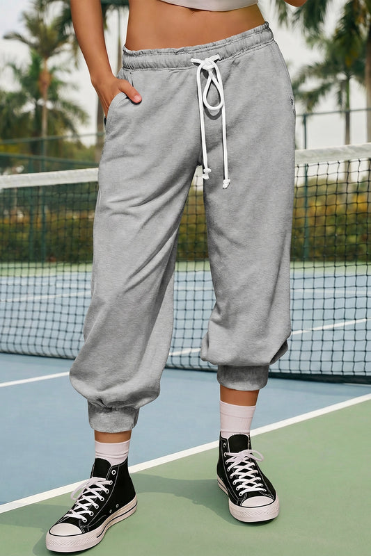 Fisoew Women's Grey Capri Joggers Trendy Drawstring Waist Sweatpants - Fisoew