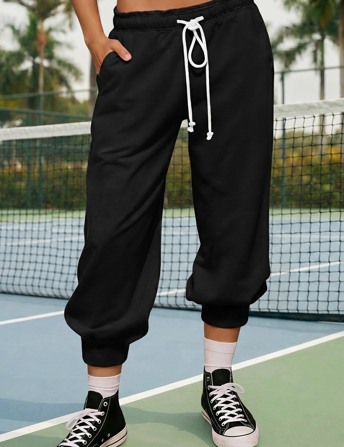 Fisoew Women's Black Capri Joggers Trendy Drawstring Waist Sweatpants - Fisoew
