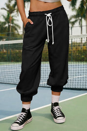 Fisoew Women's Black Capri Joggers Trendy Drawstring Waist Sweatpants - Fisoew
