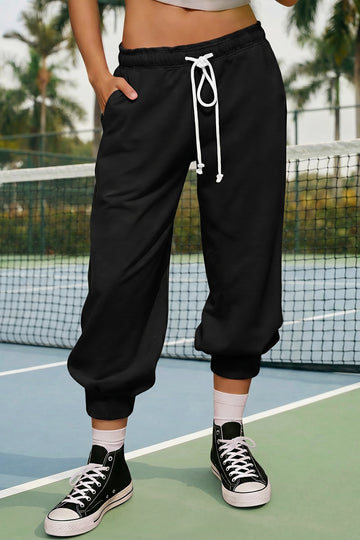 Fisoew Women's Black Capri Joggers Trendy Drawstring Waist Sweatpants - Fisoew
