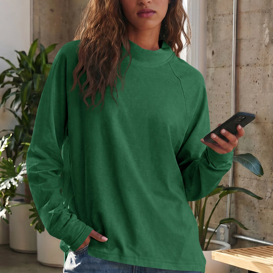 Mock Neck Solid Long Sleeve Tops - Fisoew