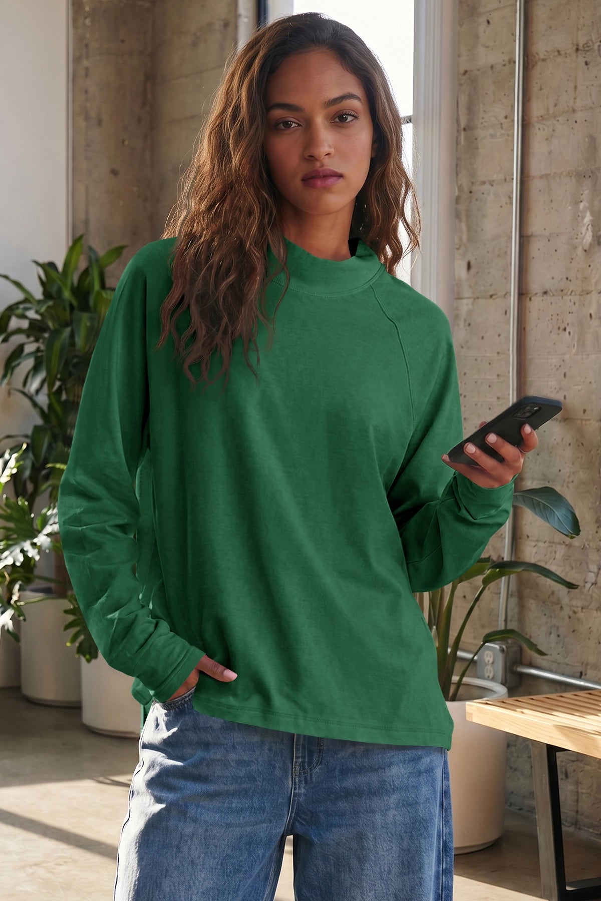 Mock Neck Solid Long Sleeve Tops - Fisoew