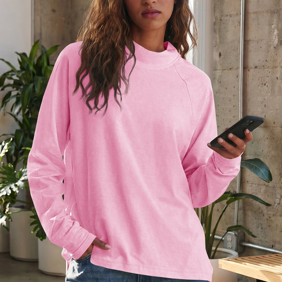 Mock Neck Solid Long Sleeve Tops - Fisoew