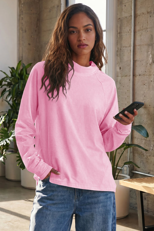 Mock Neck Solid Long Sleeve Tops - Fisoew