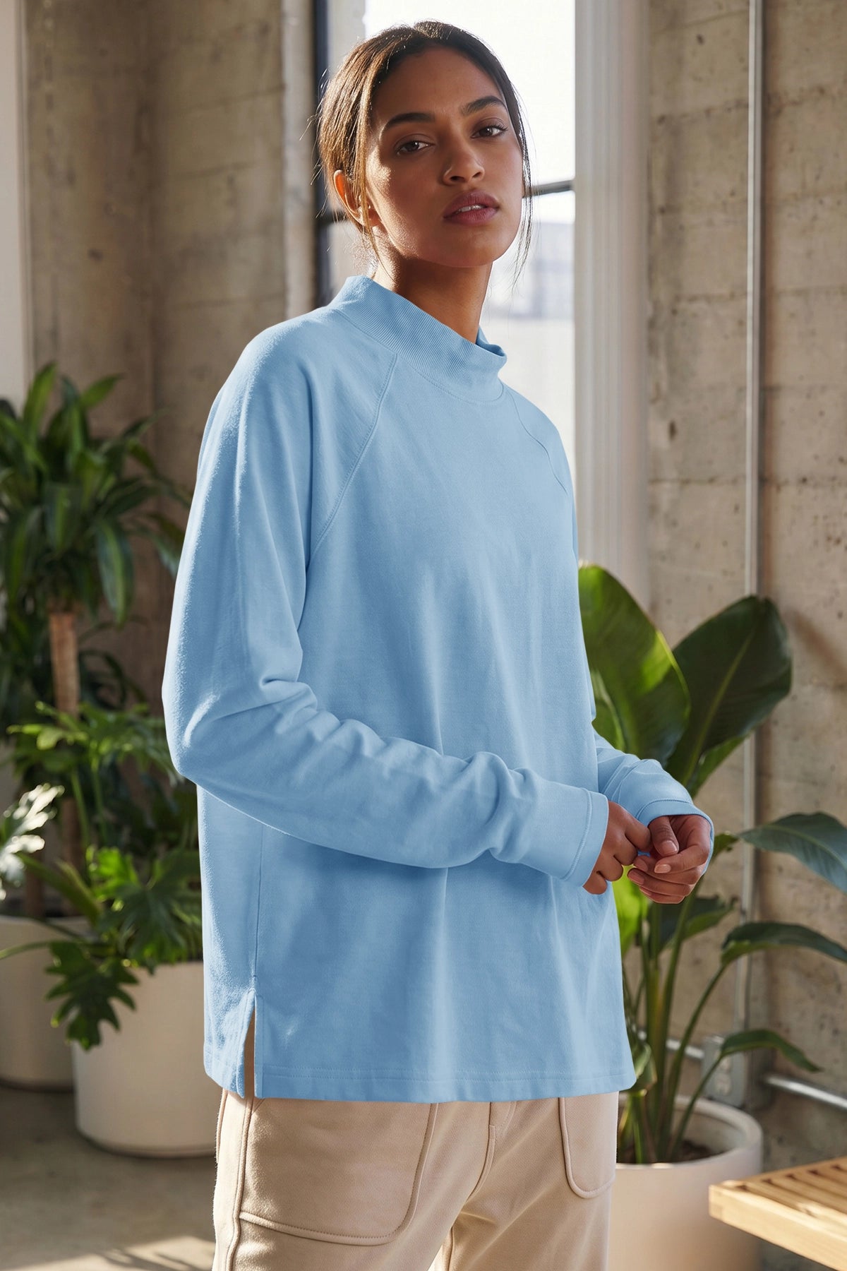 Mock Neck Solid Long Sleeve Tops - Fisoew