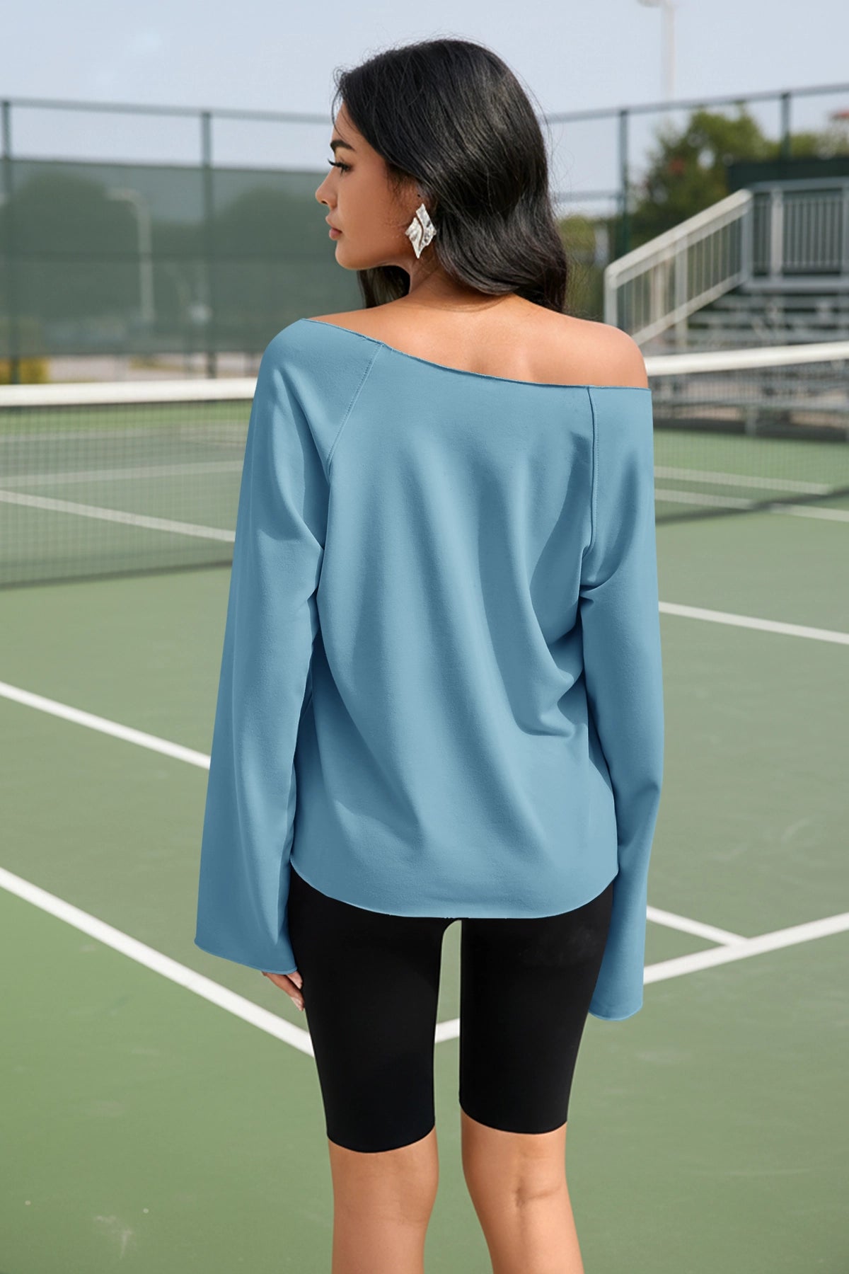 Fisoew Women's Blue Off The Shoulder Y2k Sweatshirts - Fisoew