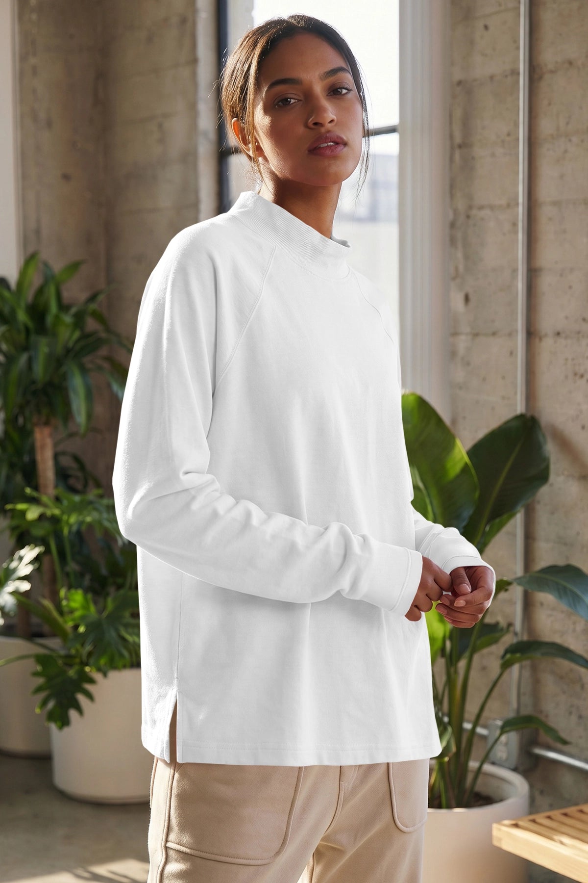Mock Neck Solid Long Sleeve Tops - Fisoew