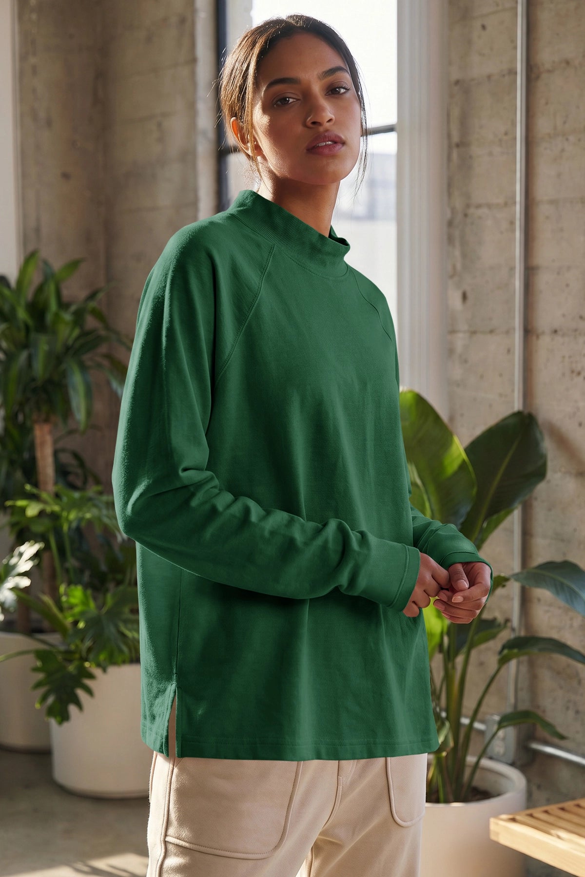 Mock Neck Solid Long Sleeve Tops - Fisoew