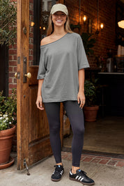 Fisoew Women's Grey Off The Shoulder Tops Oversized  T-Shirts - Fisoew