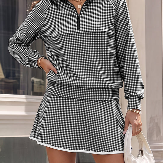Plaid Zipper Jacket With Ruched Skirt Sets - Fisoew