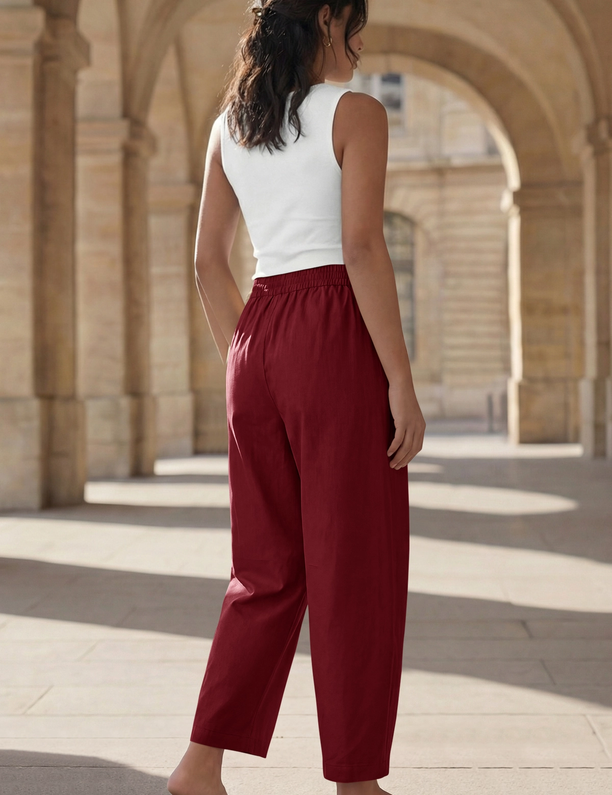 Fisoew Women's Brick Red Wide Leg Barrel Pants - Fisoew