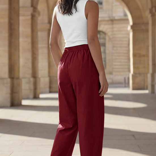 Fisoew Women's Brick Red Wide Leg Barrel Pants - Fisoew