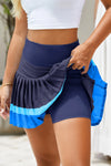 Fisoew Women's Dark Blue High Waisted Athletic Color Block Pleated Skirts - Fisoew